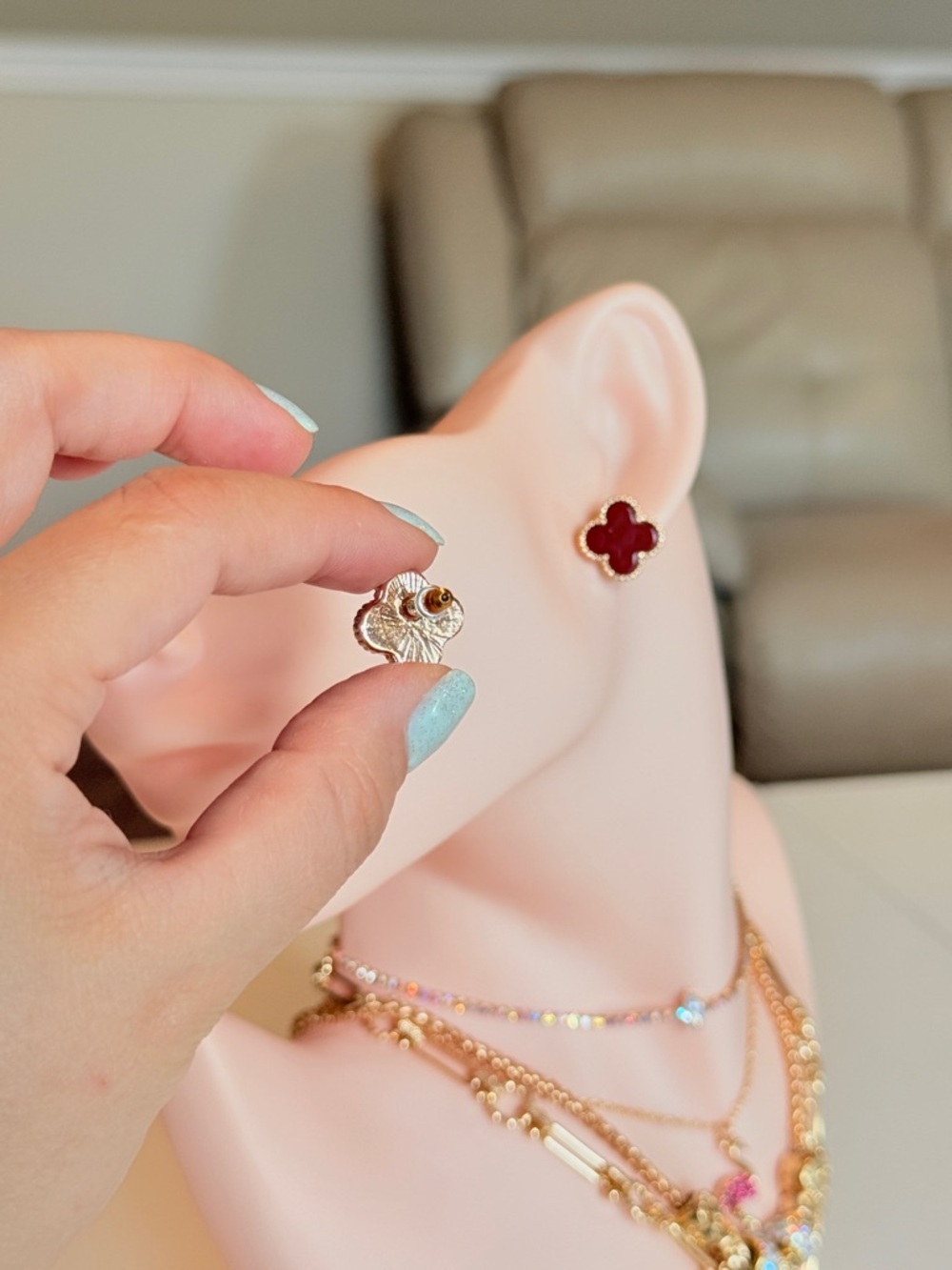 Gold Red Clover Stud Earrings - Picture 6 of 11